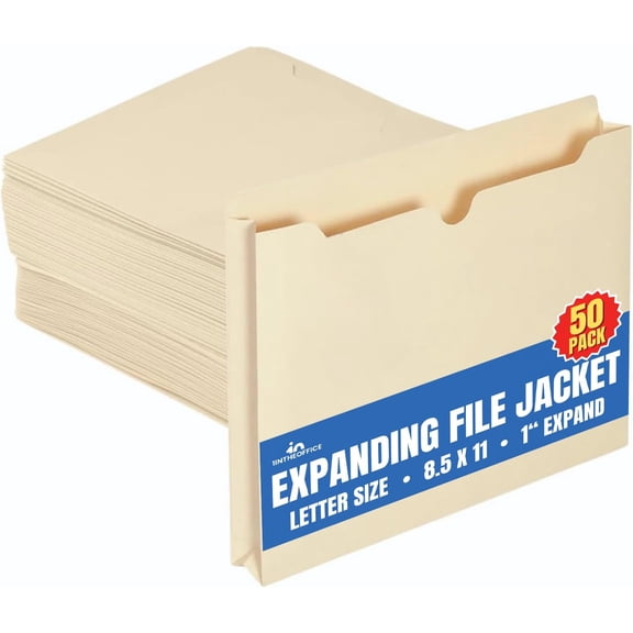 File Jacket Folders, Manila, Letter Size, Reinforced Straight-Cut Tab, 1" Expansion, 50 Pack