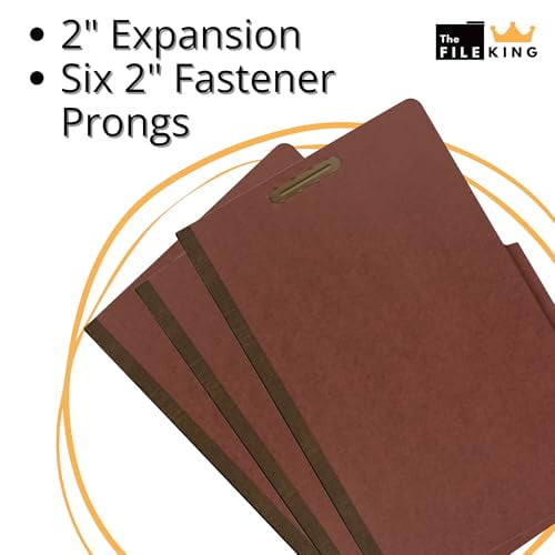 The File King Two Divider Legal Size Pressboard Classification File Folder - Brick Red | Made in America | Box of 10 | Top Tab | 2” Expansion | Durable 2-Inch Fastener Prongs