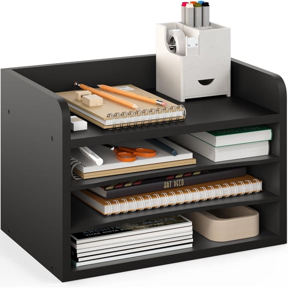 File Organizer 4-Tier Office Desk Organizer Open Top Wood Paper Organizer for Classroom Mail Sorter Paper Tray with Adjustable Storage Shelves Black