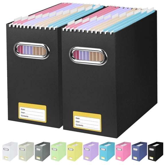 File Organizer Box, Cardboard File Folder Organizer with Handle for Letter Size, Portable Collapsible Hanging Filing Box for Home Office Document Storage (2 Pack, Black)