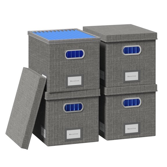 File Organizer Box - File Boxes for Hanging Files with Lid Set of 2 Decorative Hanging Folders Letter Size Organizer with One-Piece Plastic Frame Slides (Grey, 13.2 * 10.1 * 10.1in(2Pack))