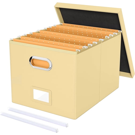 File Organizer Box,Filing Box with Lid,File Box for Letter/Legal File Folder Storage, Portable Hanging File Box for Office/Decor/Home,1 Pack, Cream-yellow(Leather),Box only
