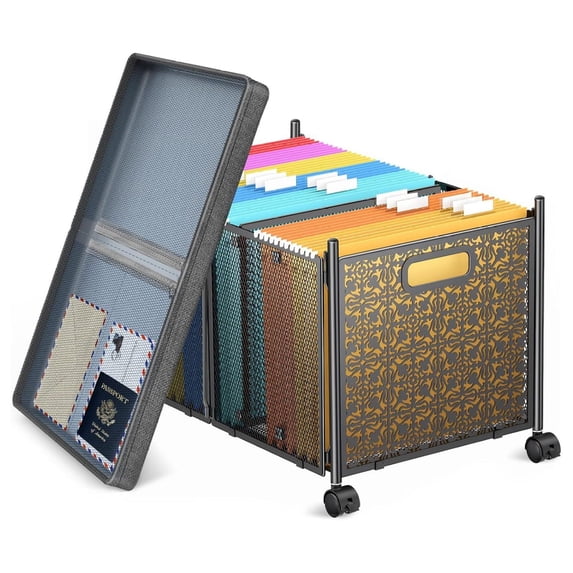 File Organizer Box, Large File Box for Hanging Letter/Legal Size File, File Folder Storage Box with Wheels, Decorative File Box for Office/Decor/Home, Metal