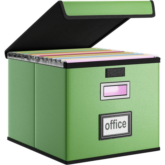 File Organizer Box with Lid, Collapsible Faux Leather Document Organizer, Hanging File Folder Box with Plastic Slide, Decorative Filing Boxes Cabinet for File and Folders Storage(Green)