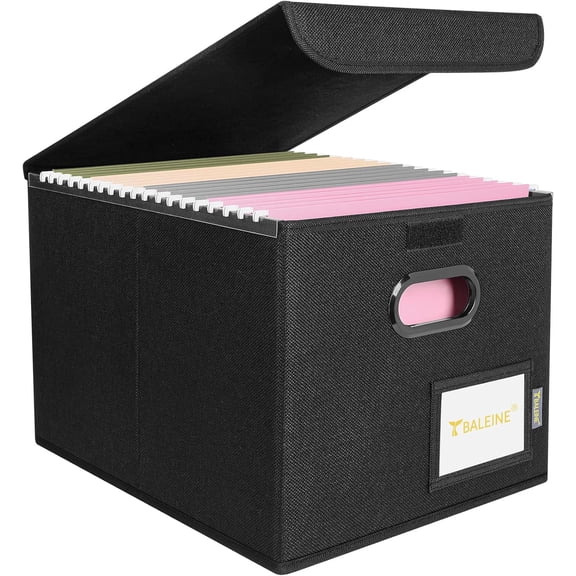 File Organizer Box with Lid, Collapsible Hanging File Storage Box | Smooth Plastic Rails, Textured Fabric Exterior, Collapsible Hanging File Folder Box for Office Document Storage
