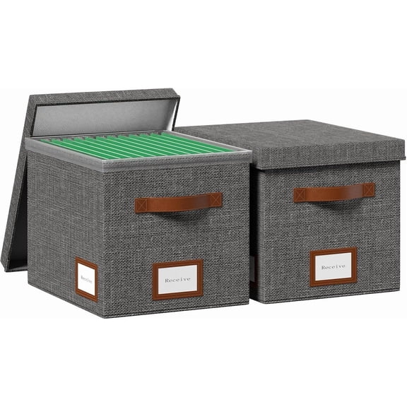 File Organizer Box with Lid File Box for Hanging Decorative File Organizer with One-Piece Integrated Plastic Slide Rail(Grey, 13.2x10.1x10.1inch(2pack))