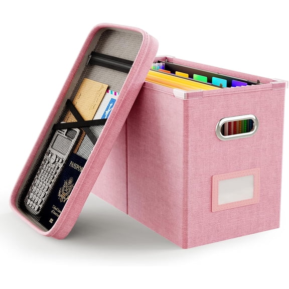 File Organizer Box with Lid, Hanging Filing File Box with Mesh Pocket, Document Organizer Box for Letter Files, Portable Storage Box with Smooth Sliding Rail for Office&Home (1 PCS, Pink)