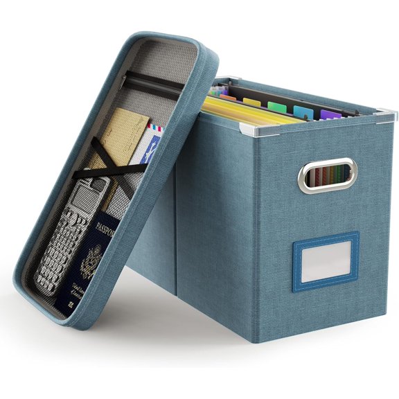 File Organizer Box with Lid, Hanging Filing File Box with Mesh Pocket, Document Organizer Box for Letter Files, Portable Storage Box with Smooth Sliding Rail for Office&Home (1 PCS, Dark-blue)