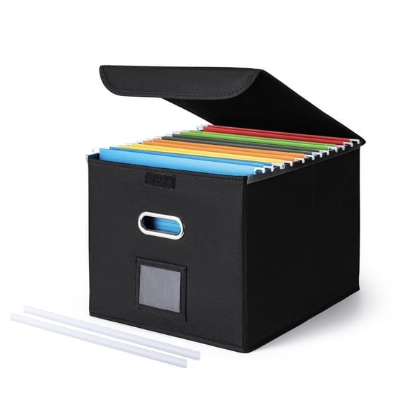 File Organizer Box with Lid, Large Hanging File Folder Organizer with Plastic Slide, Collapsible Portable Filing Storage Boxes for Office/Decor/Home (Black, 14.9 x 12.59 x 10.8 inch)