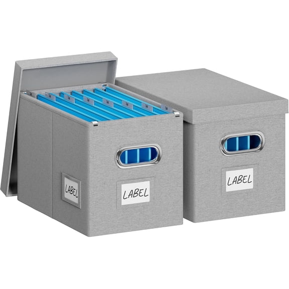 File Organizer Box with Lid - Set of 2 Portable Hanging File Box, Collapsible Linen Decorative Filing Storage Boxes for Office & Home File Cabinet (Grey 14 x 9.3 x 10.9 inch)