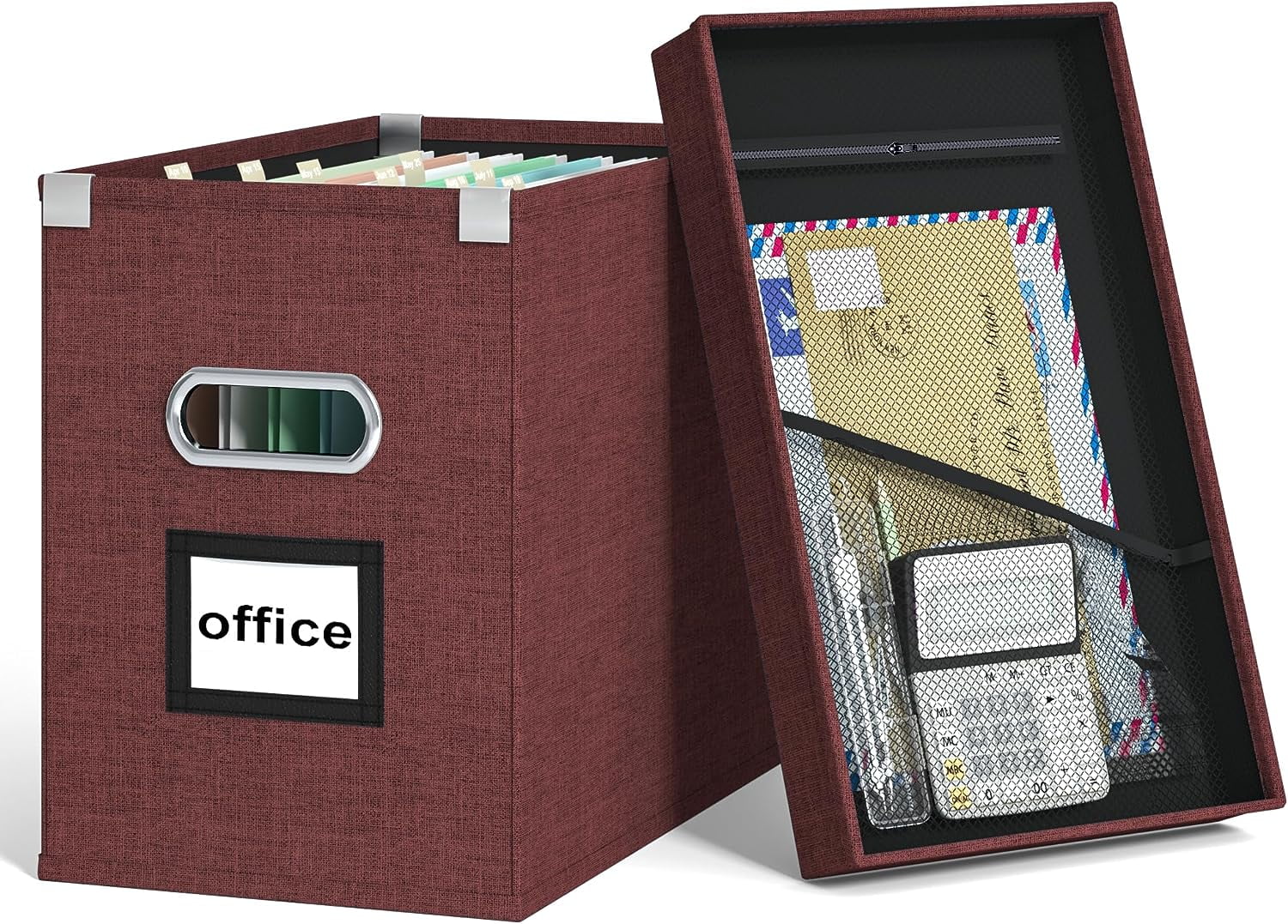 File Organizer Box with Mesh Pocket, Collapsible Hanging File Box Organizer for Letter Size