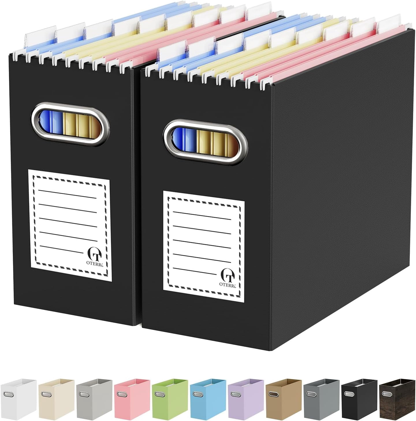 Oterri File Organizer Box, Portable Collapsible Cardboard Folder with Handle for Letter Size Hanging Files, Document Storage Box Home Office & Classroom (2 Packs, Black)
