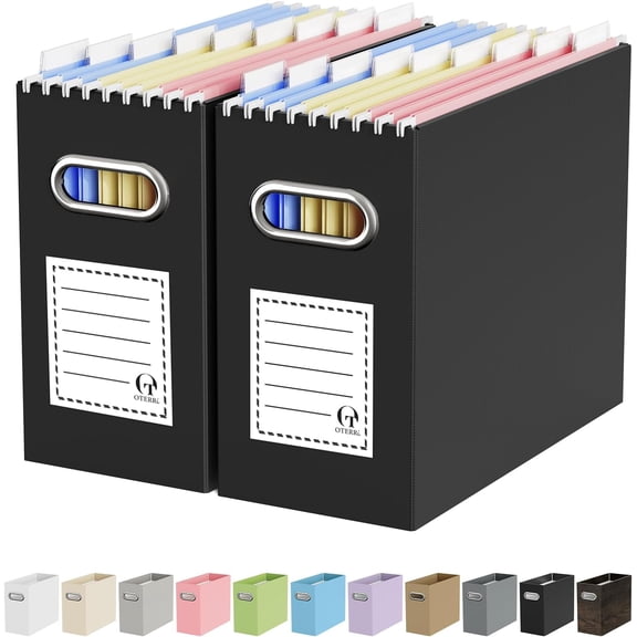 Oterri File Organizer Box, Portable Collapsible Cardboard Folder with Handle for Letter Size Hanging Files, Document Storage Box Home Office & Classroom (2 Packs, Black)