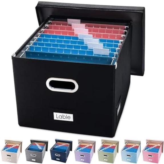 File Organizer Box - Set of 1 Collapsible Decorative Linen Filing Storage Hanging File Folders with Lids Office Cabinet Letter/Legal Size Black (17x14x11.2 inch)
