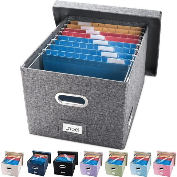 File Organizer Box - Set of 1 Collapsible Decorative Linen Filing Storage Hanging File Folders with Lids Office Cabinet Letter/Legal Size Grey (17x14x11.2 inch)