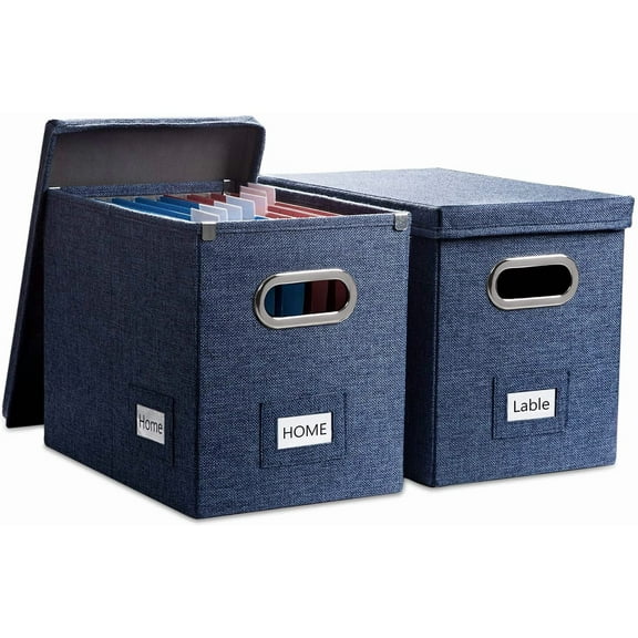 Organizer Box - Set of 2 Collapsible Decorative Linen Filing Storage Hanging File Folders with Lids Office Cabinet Letter Size Navy Blue (14x9.3x10.8 inch)