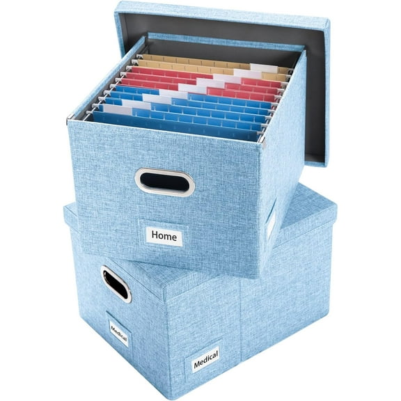 File Organizer Box - Set of 4 Collapsible Decorative Linen Filing Storage Hanging File Folders with Lids Office Cabinet Letter/Legal Size Blue 17.1x14x11.1 inch
