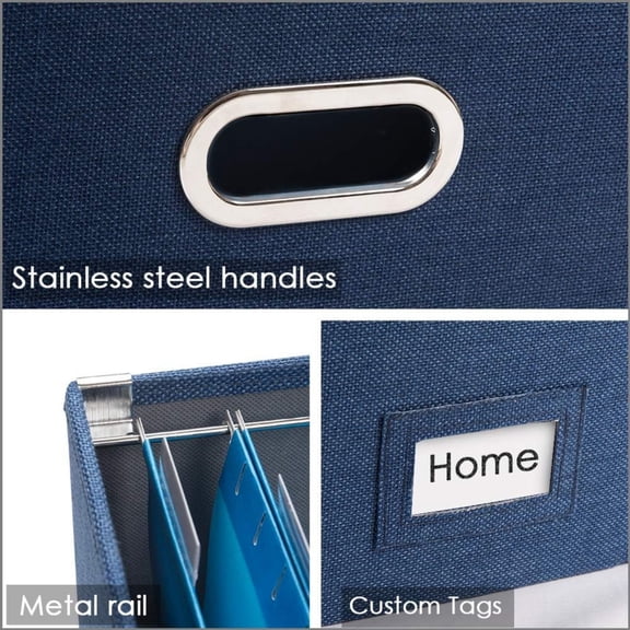 File Organizer Box - Set of 4 Collapsible Decorative Linen Filing Storage Hanging File Folders with Lids Office Cabinet Letter Size Navy Blue (14x9.3x10.8 inch)