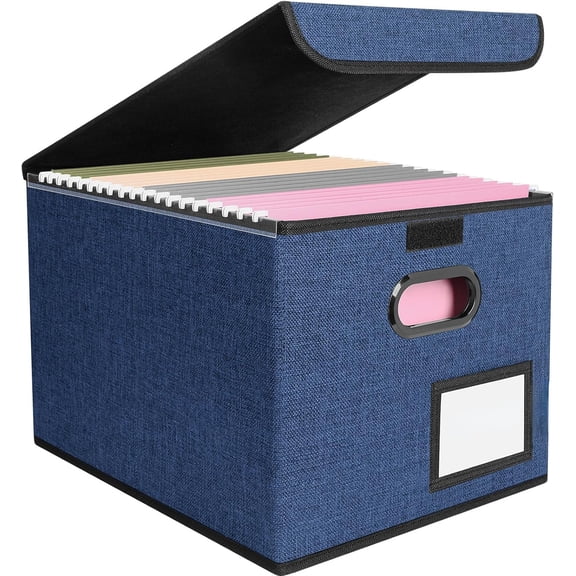 File Organizer Box with Lid, Collapsible File Folder Organizer with Plastic Slide, Hanging File Folder Box for Office Document Storage (1 Pack, Blue)