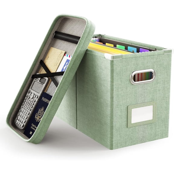 File Organizer Box with Lid, Hanging Filing File Box with Mesh Pocket, Document Organizer Box for Letter Files, Portable Storage Box(1 PCS, Green)