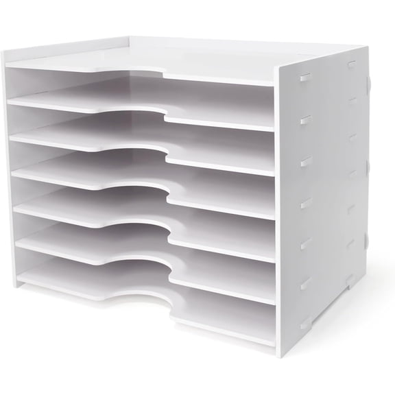 File Organizer for Desk - 7 Tier Wide Document Holder, Letter Mail Tray Storage Rack, A4 Paper Storage Holder, Desktop Organizer for Home Office School, White