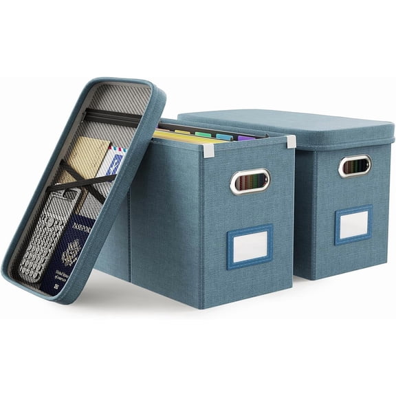 File Organizer with Lid, Hanging Filing Box Mesh Pocket, Document for Letter Files, Portable Storage Smooth Sliding Rail Office&Home (2 PCS, Dark-blue)