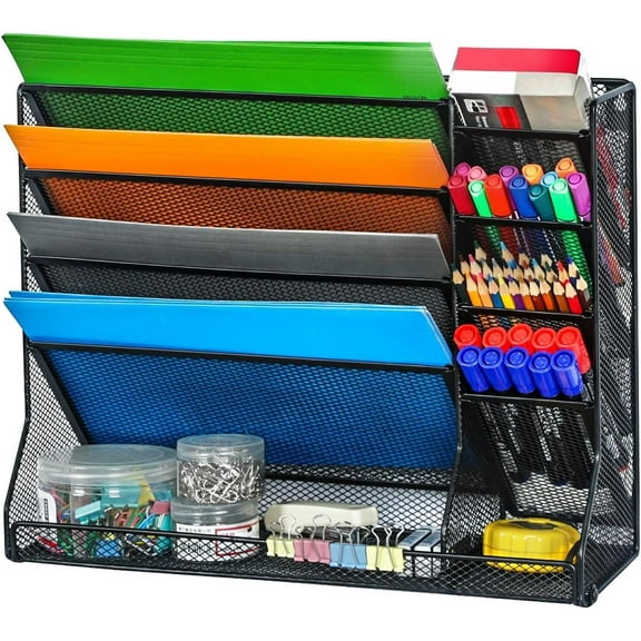 File Organizer Wall Mounted, 4 Tiers Durable Adjustable Metal Desk Organizer, Desktop Vertical Hanging File Holder with 4 Pen Slots Stable, 4 Pull-Out Divider for File, Mail, Newspaper, Black