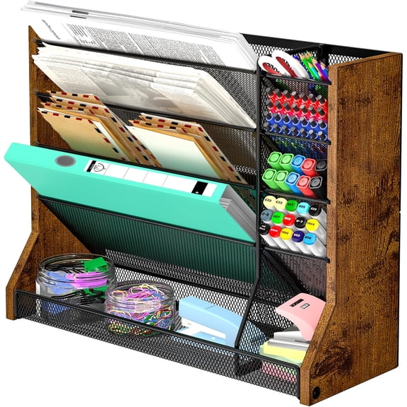 X-COSRACK 5-Tier Wall File Organizer, 2-in-1 Wood & Metal Hanging Folder Holder & Desktop Paper Sorter with Adjustable Dividers and Stable R-Shaped Base for Office & Home
