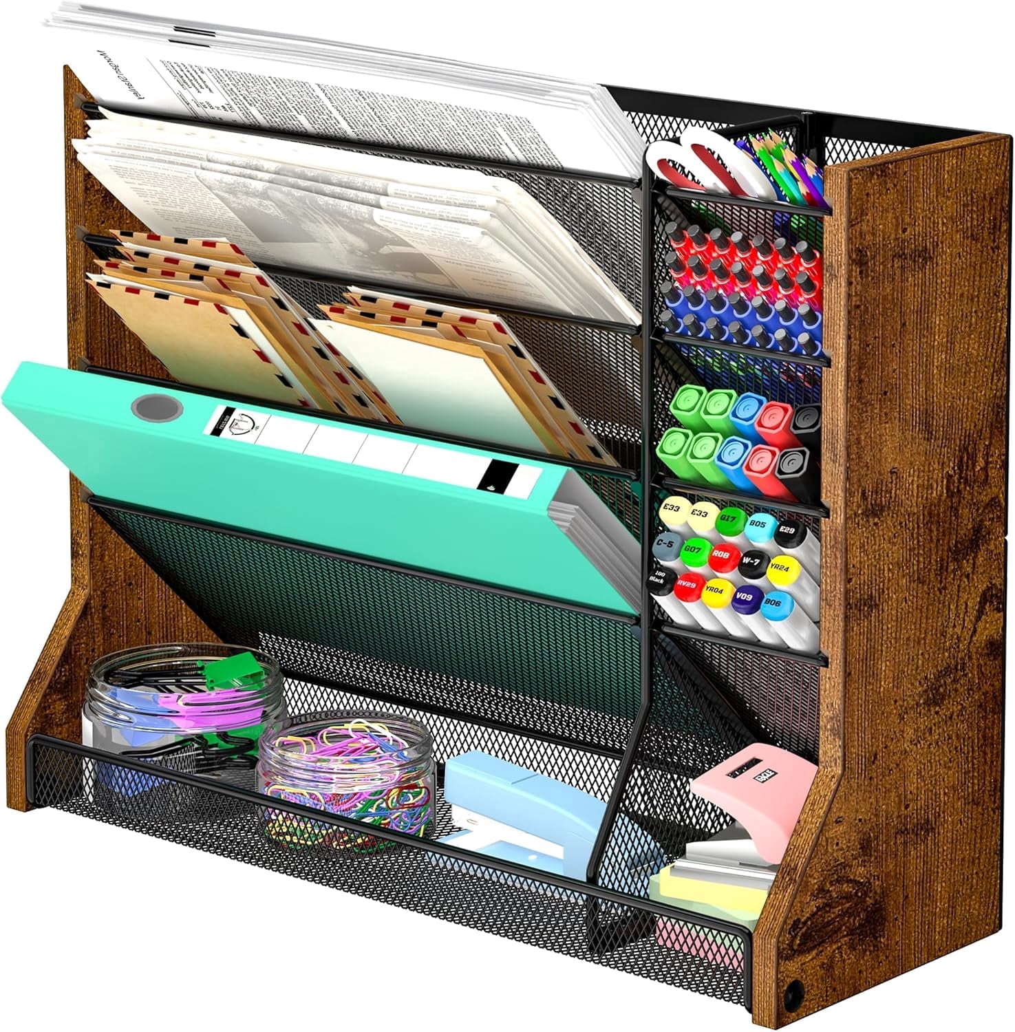 X-COSRACK 5-Tier Wall File Organizer, 2-in-1 Wood & Metal Hanging Folder Holder & Desktop Paper Sorter with Adjustable Dividers and Stable R-Shaped Base for Office & Home