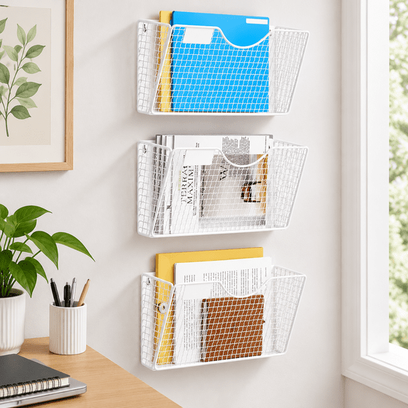 File Organizer, White 3 Pack, Magnetic Wall Mount Paper Mail Storage ...