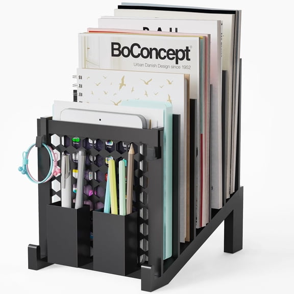 File Organizer for Desk with Storage Box & Hook, Inclined 5-Section Vertical Holder Suitable Home Office Document Organization (Black)