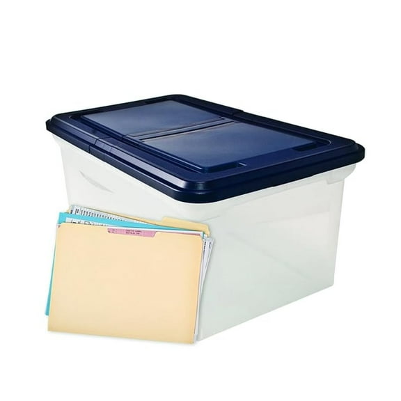 File Storage Box, Plastic File Tote with Lid - Hanging File Organizer Clear/Navy