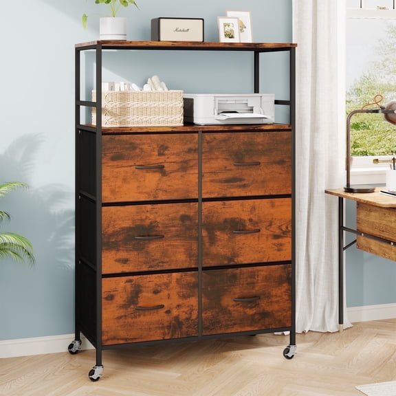 File Storage Cabinet with Adjusted Size 6 Drawers,4 Wheels Vertical Wood File Cabinet for Hanging A4/F4/Letter/Legal Rustic Brown