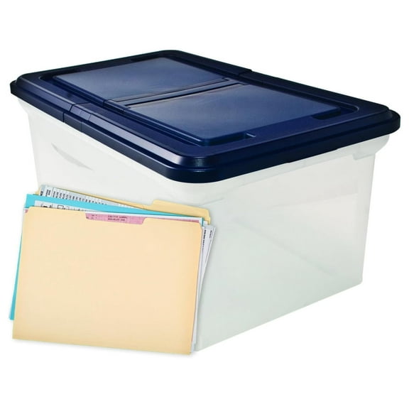 File Tote with Hinged Lid, Clear/Navy - Letter Size Hanging File Organizer Box - Stackable Document Storage Container for Home & Office