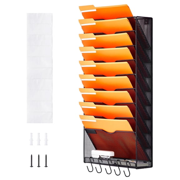 File Wall Rack, One-Piece 10 Pockets Mesh Wall File Holder, Wall Mounted Magazine Mail Paper & Document Storage Folder, Metal Wall File Organizer with Nametag Label, for Office Home & School