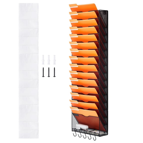 File Wall Rack, One-Piece 16 Pockets Mesh Wall File Holder, Wall Mounted Magazine Mail Paper & Document Storage Folder, Metal Wall File Organizer with Nametag Label, for Office Home & School