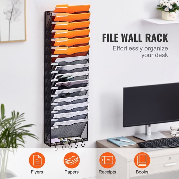 File Wall Rack, One-Piece 16 Pockets Mesh Wall File Holder, Wall Mounted Magazine Mail Paper & Document Storage Folder, Metal Wall File Organizer with