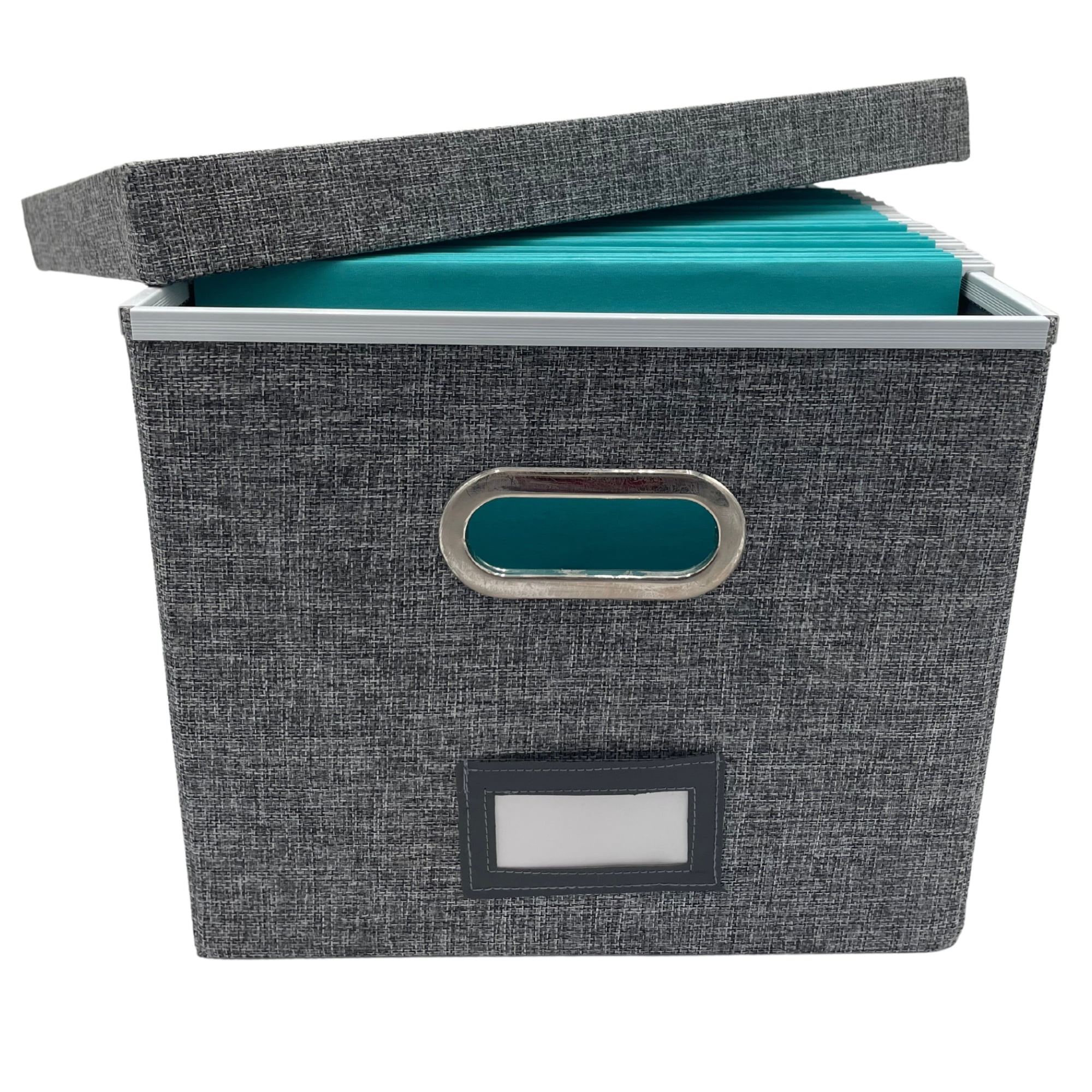 Gray Linen Collapsible File Box with Metal Handles
