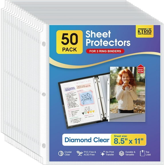 File protector 8.5 x 11 inches, transparent top loading page protector for 3-ring binder, polypropylene plastic sleeve, letter size file protector, office and home use, 50-pack