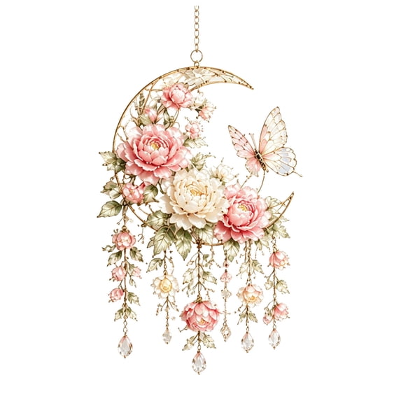 Filigree Acrylic Crystal Suncatcher Wind Chime Hanging Ornament, Pink Lightweight Wall Door Decor For Garden Living Bedroom