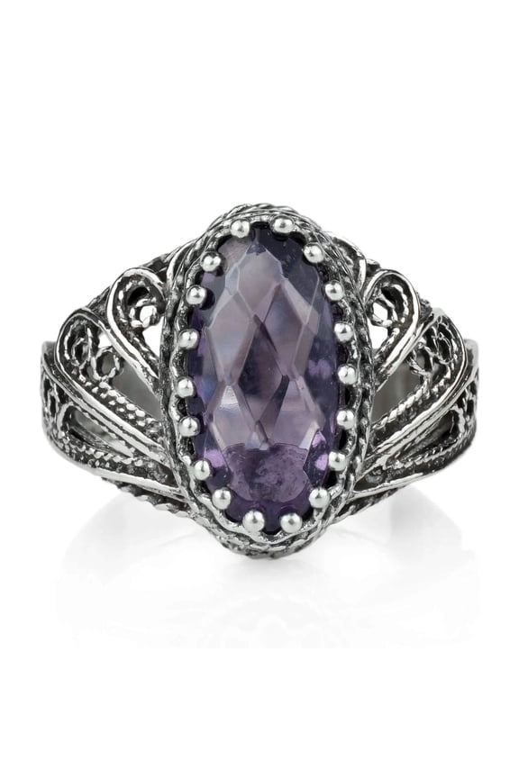 Filigree Art Amethyst Gemstone Angel Design Women Silver Cocktail Ring