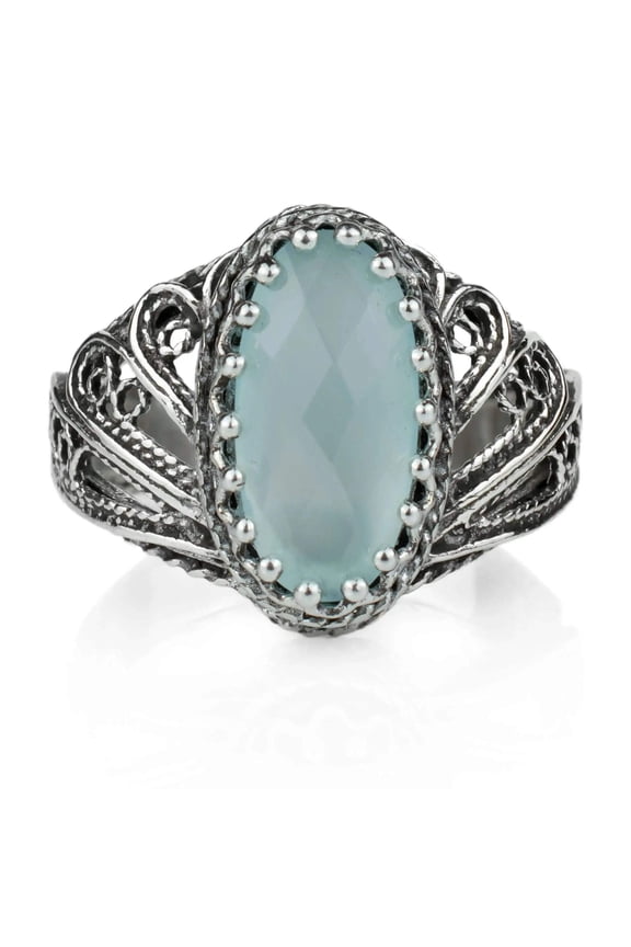 Filigree Art Aqua Chalcedony Gemstone Angel Design Women Silver Cocktail Ring