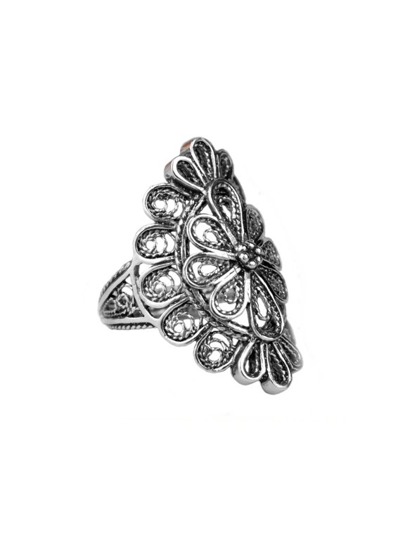 Filigree Art Lace Detailed Woman Long Statement Silver Ring