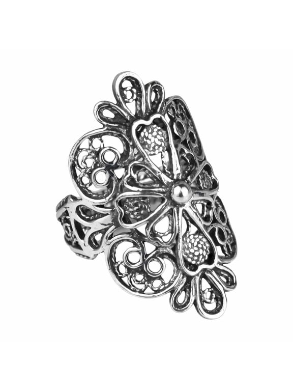 Filigree Art Lace Embroidery Cross Figured Women Silver Statement Ring