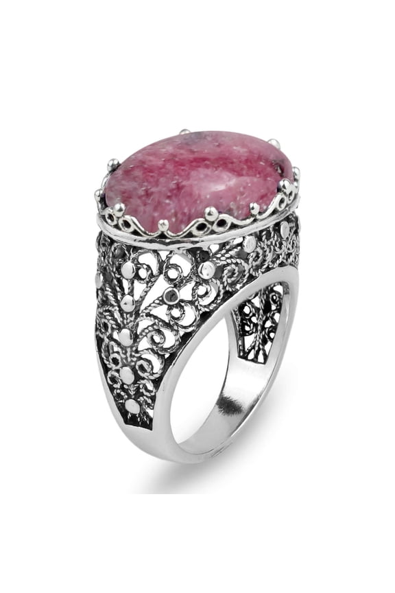 Filigree Art Rhodonite Gemstone Women Silver Dome Statement Ring
