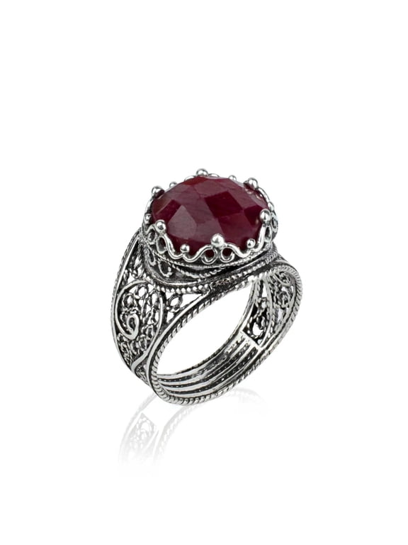 Filigree Art Ruby Corundum Gemstone Crown Design Women Silver Cocktail Ring
