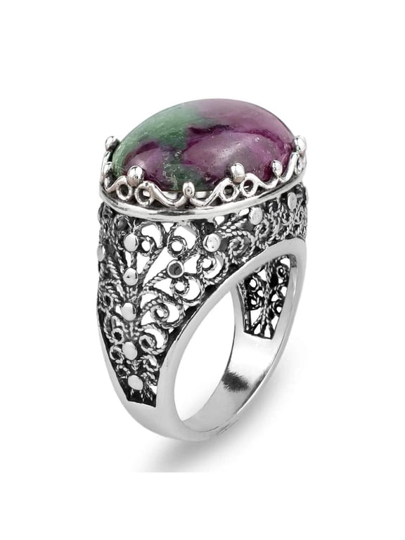 Filigree Art Ruby Zoisite Gemstone Women Silver Dome Statement Ring