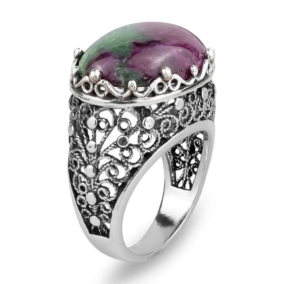 Filigree Art Ruby Zoisite Gemstone Women Silver Dome Statement Ring