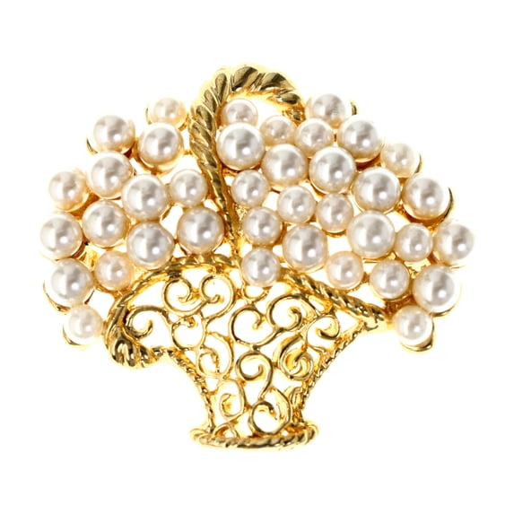 Filigree Basket  Brooch-Pin With Bead Accents White & Gold-Tone Colored #LQP1237