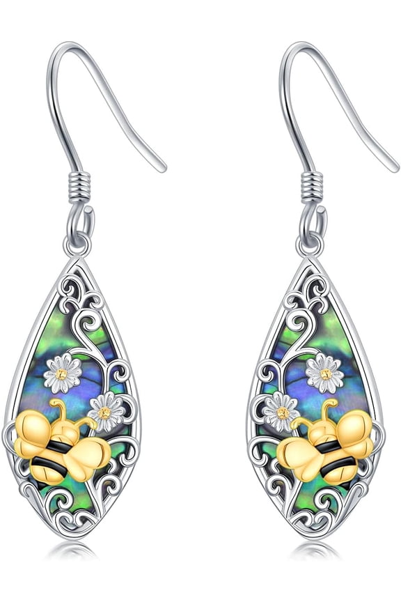 Filigree Bee Earrings 925 Sterling Silver Filigree Bee Abalone Shell Dangle Drop Earrings Bohemian Jewelrys Gifts for Women Mom Her